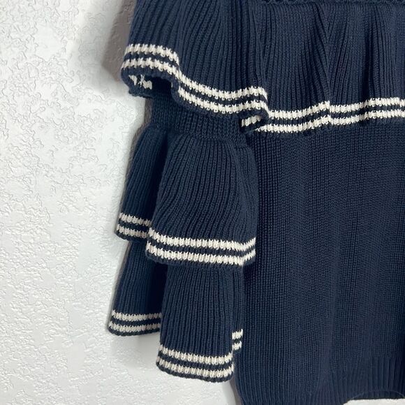 New Self-Portrait STRIPED FRILL SWEATER NAVY Wool Jumper Small - Picture 6 of 16